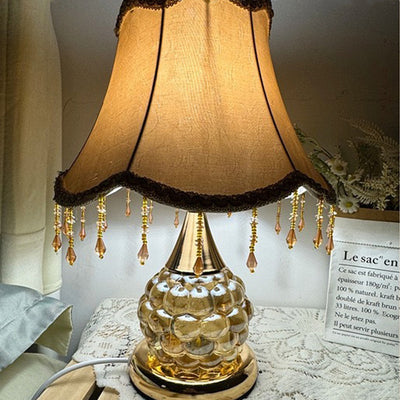Traditional European Glass Base Fabric Tassel Shade 1-Light Table Lamp For Bedroom
