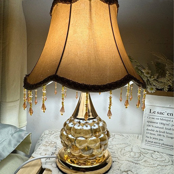 Traditional European Glass Base Fabric Tassel Shade 1-Light Table Lamp For Bedroom