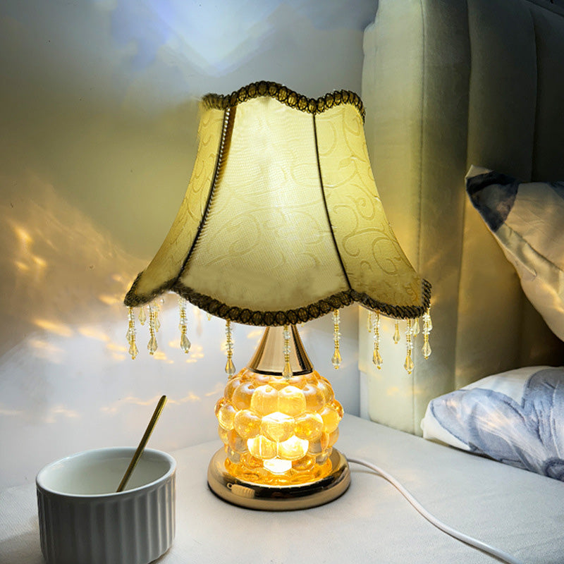 Traditional European Glass Base Fabric Tassel Shade 1-Light Table Lamp For Bedroom