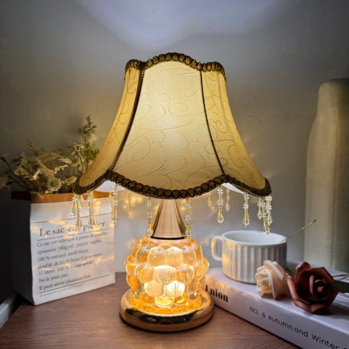 Traditional European Glass Base Fabric Tassel Shade 1-Light Table Lamp For Bedroom