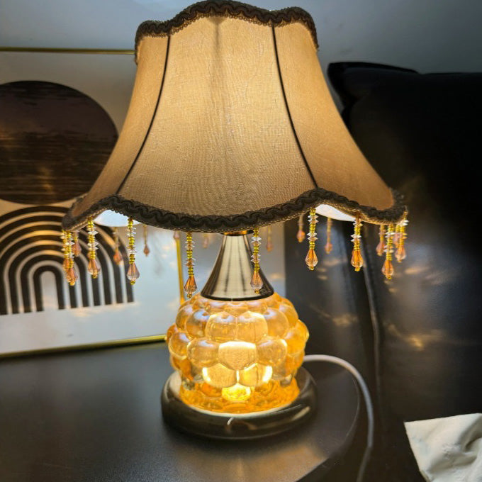 Traditional European Glass Base Fabric Tassel Shade 1-Light Table Lamp For Bedroom