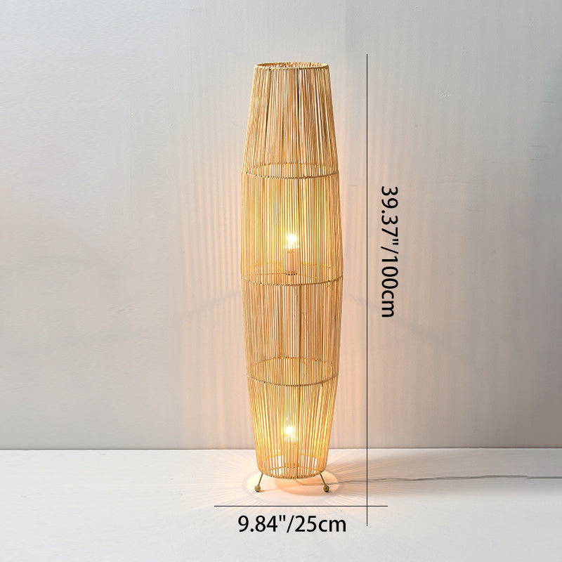 Lámpara de pie tradicional japonesa de tejido de ratán calado con columna de 2 luces para sala de estar 