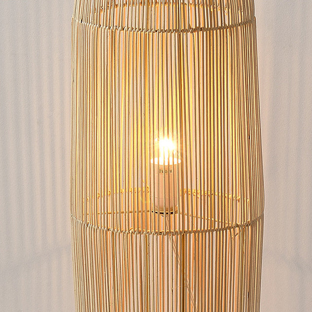 Lámpara de pie tradicional japonesa de tejido de ratán calado con columna de 2 luces para sala de estar 