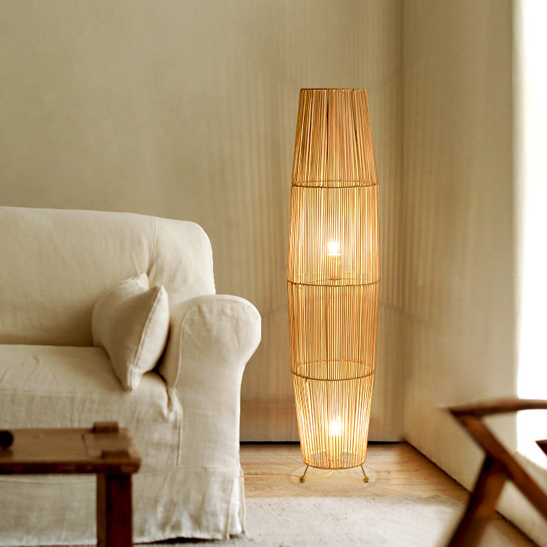 Lámpara de pie tradicional japonesa de tejido de ratán calado con columna de 2 luces para sala de estar 