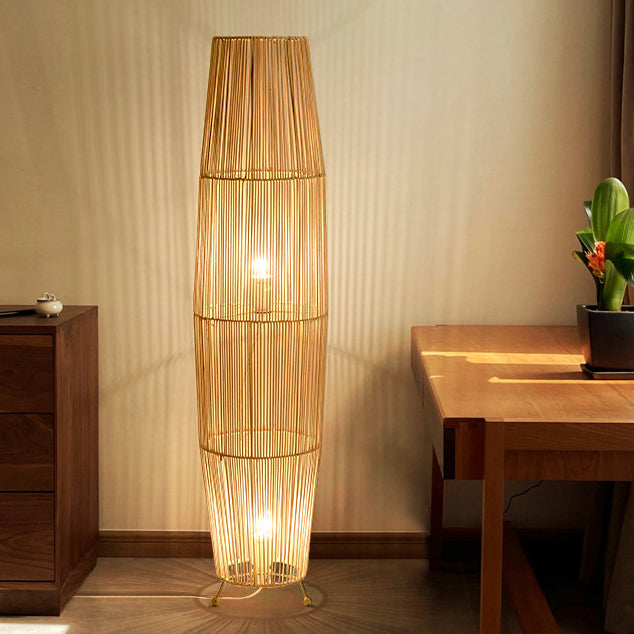 Lámpara de pie tradicional japonesa de tejido de ratán calado con columna de 2 luces para sala de estar 