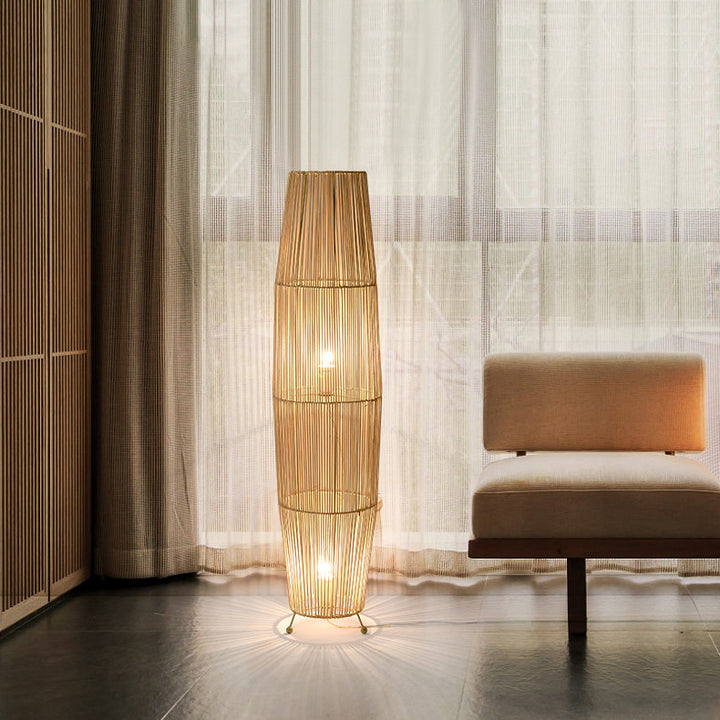 Lámpara de pie tradicional japonesa de tejido de ratán calado con columna de 2 luces para sala de estar 