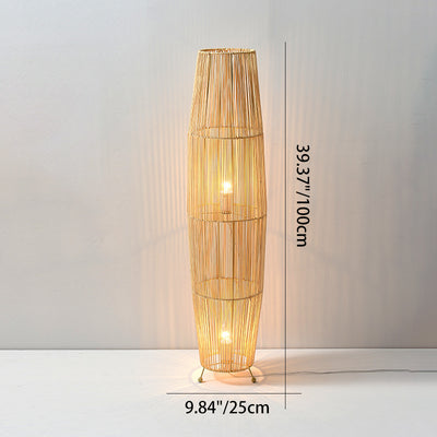 Traditional Japanese Openwork Rattan Weaving Column 2-Light Standing Floor Lamp For Living Room