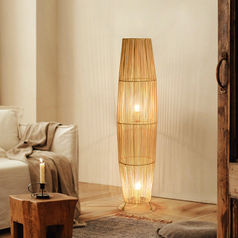 Lámpara de pie tradicional japonesa de tejido de ratán calado con columna de 2 luces para sala de estar 