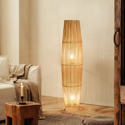 Traditional Japanese Openwork Rattan Weaving Column 2-Light Standing Floor Lamp For Living Room