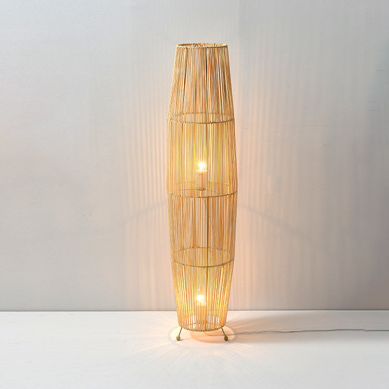 Lámpara de pie tradicional japonesa de tejido de ratán calado con columna de 2 luces para sala de estar 