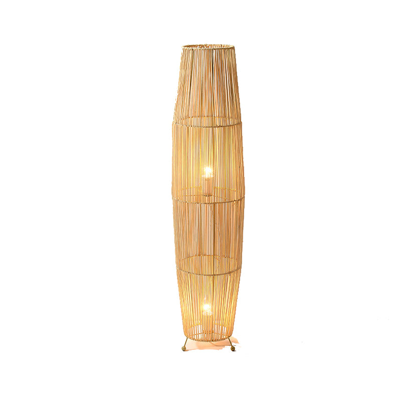 Lámpara de pie tradicional japonesa de tejido de ratán calado con columna de 2 luces para sala de estar 