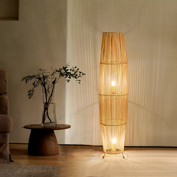 Lámpara de pie tradicional japonesa de tejido de ratán calado con columna de 2 luces para sala de estar 