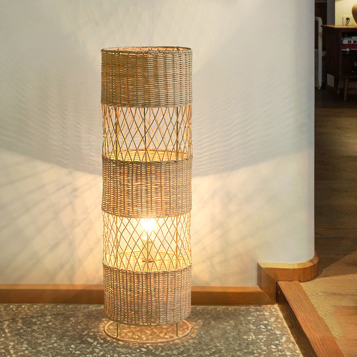 Traditional Japanese Openwork Rattan Weaving Cylinder 1-Light Standing Floor Lamp For Living Room