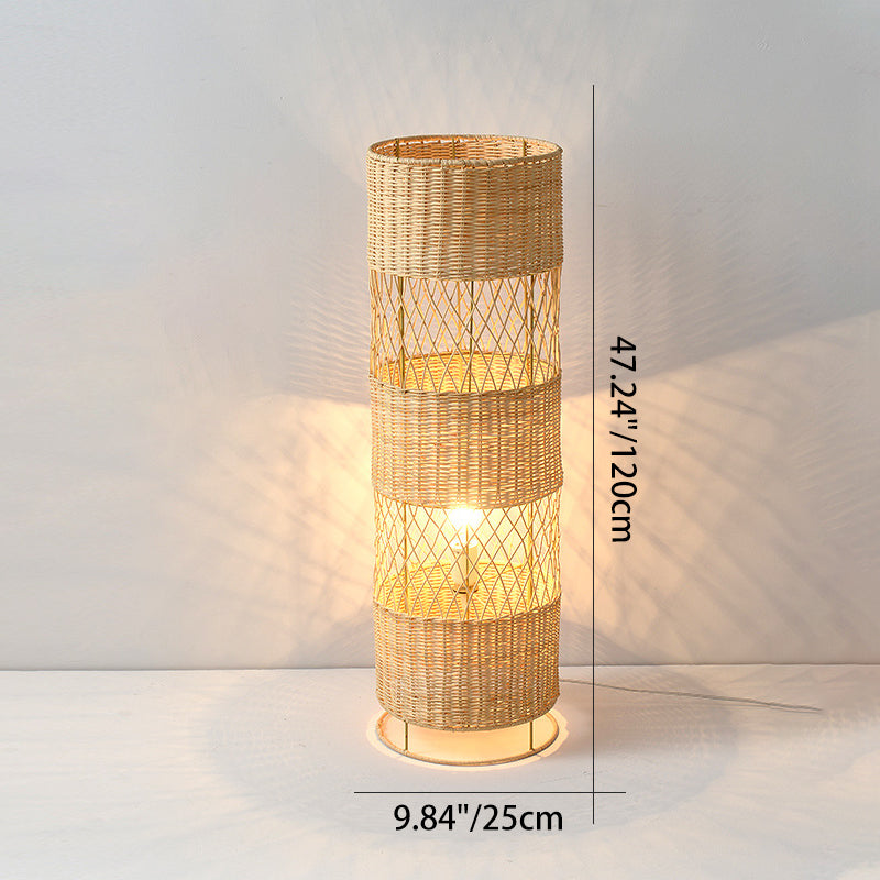 Traditional Japanese Openwork Rattan Weaving Cylinder 1-Light Standing Floor Lamp For Living Room