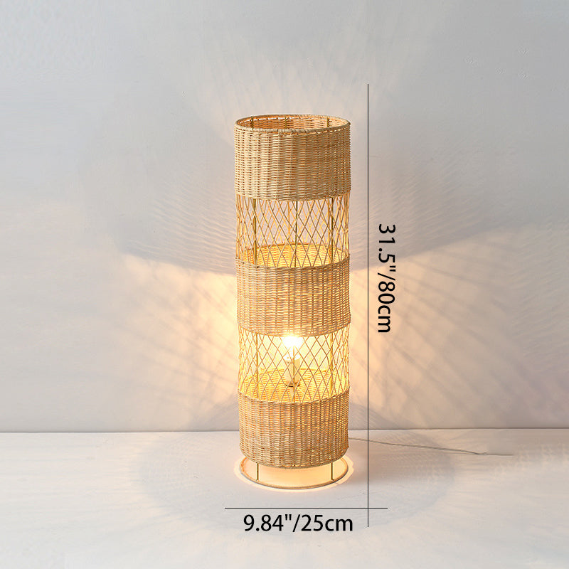 Traditional Japanese Openwork Rattan Weaving Cylinder 1-Light Standing Floor Lamp For Living Room