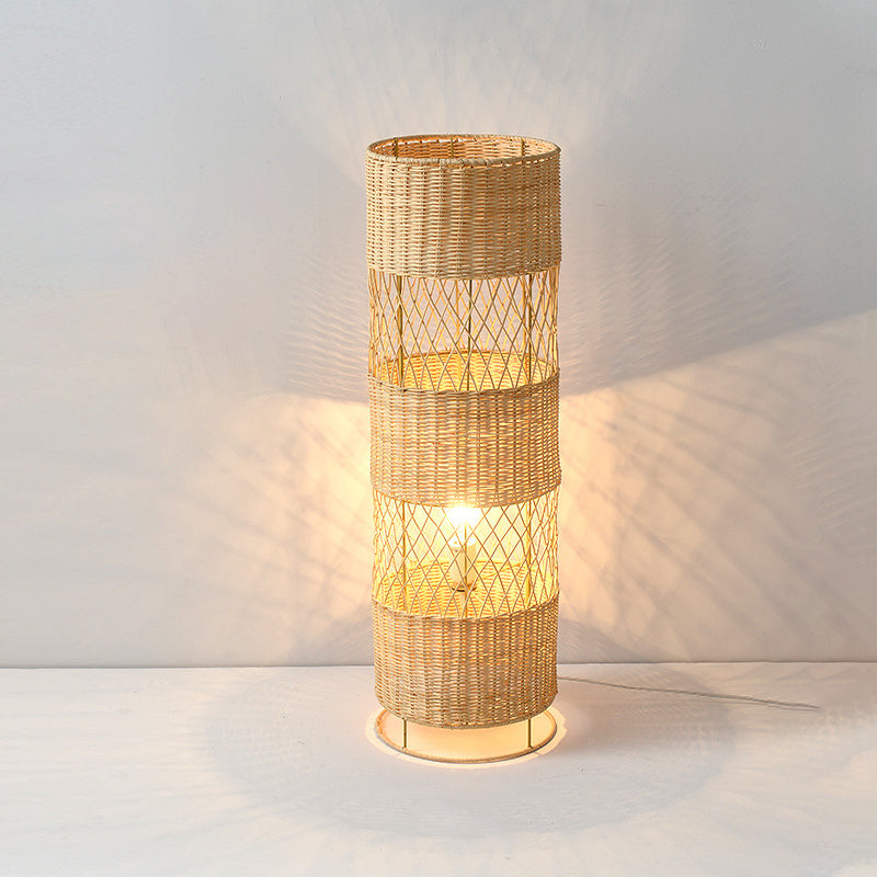 Traditional Japanese Openwork Rattan Weaving Cylinder 1-Light Standing Floor Lamp For Living Room