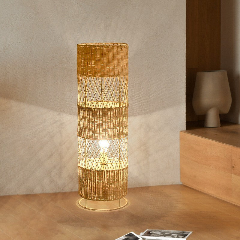 Traditional Japanese Openwork Rattan Weaving Cylinder 1-Light Standing Floor Lamp For Living Room