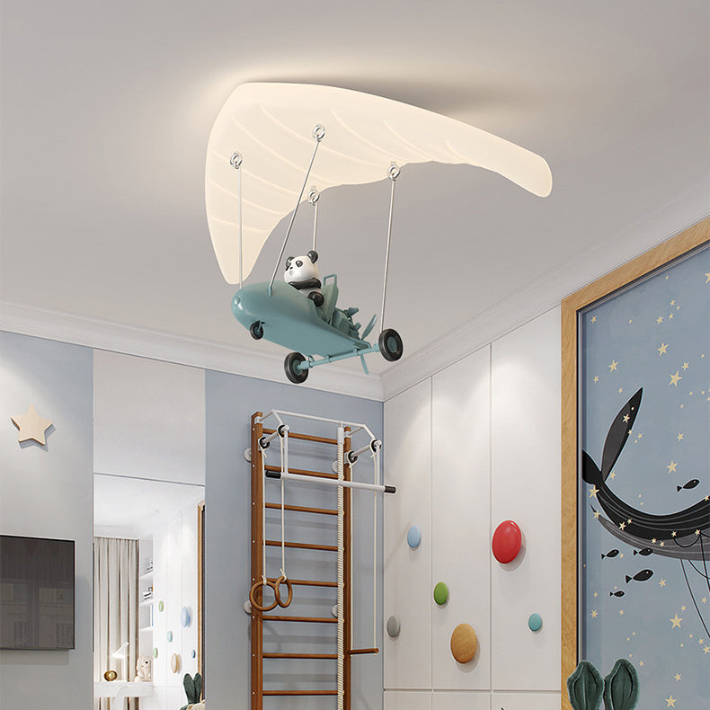 Lustre de plafond LED en fer PE en forme de parachute panda créatif contemporain pour chambre à coucher 