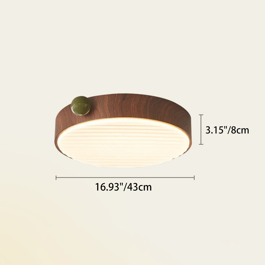 Lustre de plafond LED contemporain rétro rond en fer avec grain de noyer et abat-jour en acrylique pour chambre 