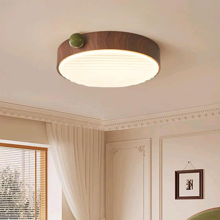 Lustre de plafond LED contemporain rétro rond en fer avec grain de noyer et abat-jour en acrylique pour chambre 