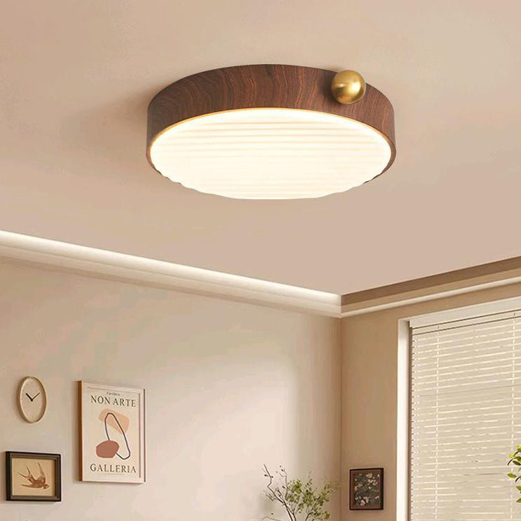 Lustre de plafond LED contemporain rétro rond en fer avec grain de noyer et abat-jour en acrylique pour chambre 