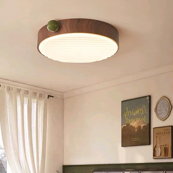 Lustre de plafond LED contemporain rétro rond en fer avec grain de noyer et abat-jour en acrylique pour chambre 