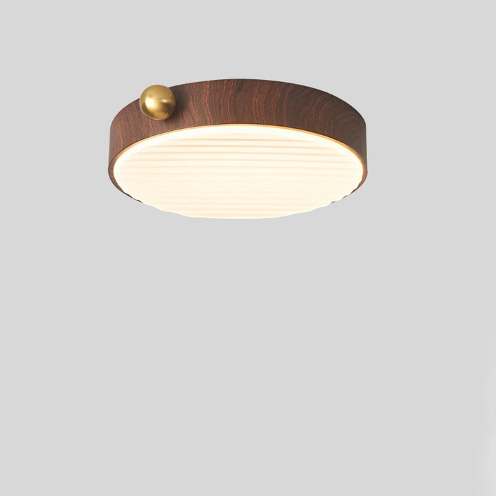 Lustre de plafond LED contemporain rétro rond en fer avec grain de noyer et abat-jour en acrylique pour chambre 