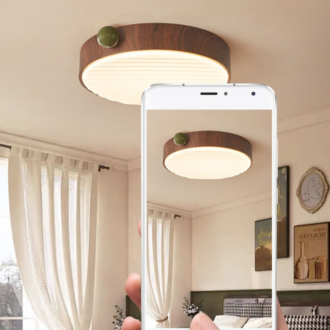 Lustre de plafond LED contemporain rétro rond en fer avec grain de noyer et abat-jour en acrylique pour chambre 