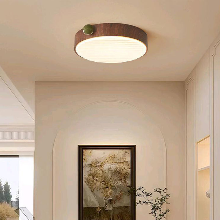 Lustre de plafond LED contemporain rétro rond en fer avec grain de noyer et abat-jour en acrylique pour chambre 