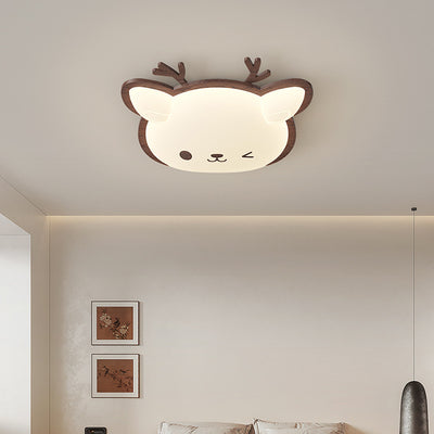 Contemporary Creative Deer Cat Claw Woodgrain LED Flush Mount Ceiling Light For Bedroom
