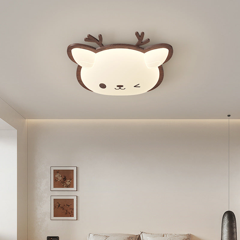Contemporary Creative Deer Cat Claw Woodgrain LED Flush Mount Ceiling Light For Bedroom