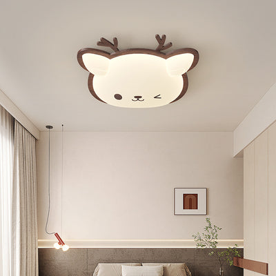 Contemporary Creative Deer Cat Claw Woodgrain LED Flush Mount Ceiling Light For Bedroom