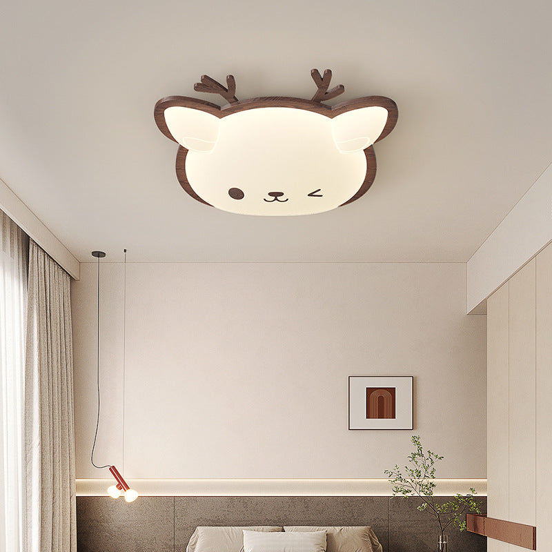 Contemporary Creative Deer Cat Claw Woodgrain LED Flush Mount Ceiling Light For Bedroom