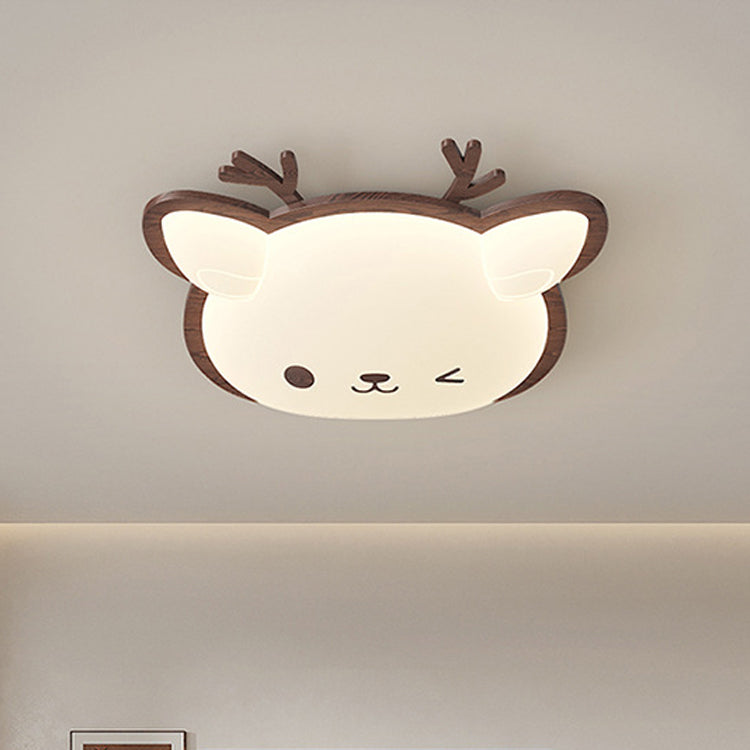 Contemporary Creative Deer Cat Claw Woodgrain LED Flush Mount Ceiling Light For Bedroom
