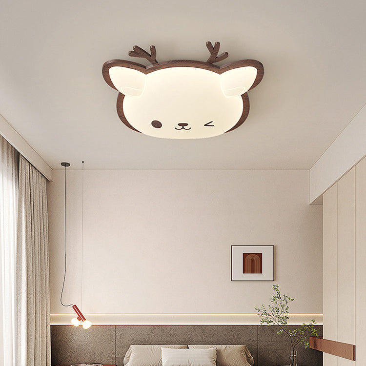 Contemporary Creative Deer Cat Claw Woodgrain LED Flush Mount Ceiling Light For Bedroom