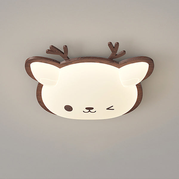 Contemporary Creative Deer Cat Claw Woodgrain LED Flush Mount Ceiling Light For Bedroom