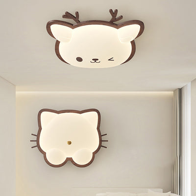 Contemporary Creative Deer Cat Claw Woodgrain LED Flush Mount Ceiling Light For Bedroom