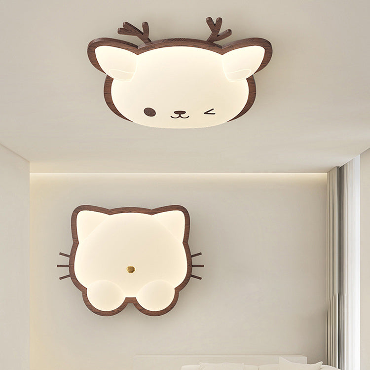 Contemporary Creative Deer Cat Claw Woodgrain LED Flush Mount Ceiling Light For Bedroom