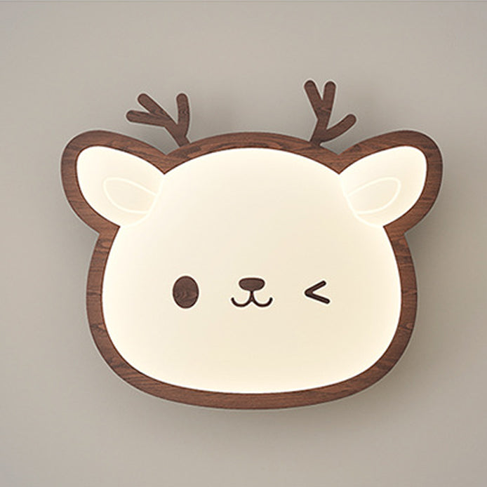 Contemporary Creative Deer Cat Claw Woodgrain LED Flush Mount Ceiling Light For Bedroom