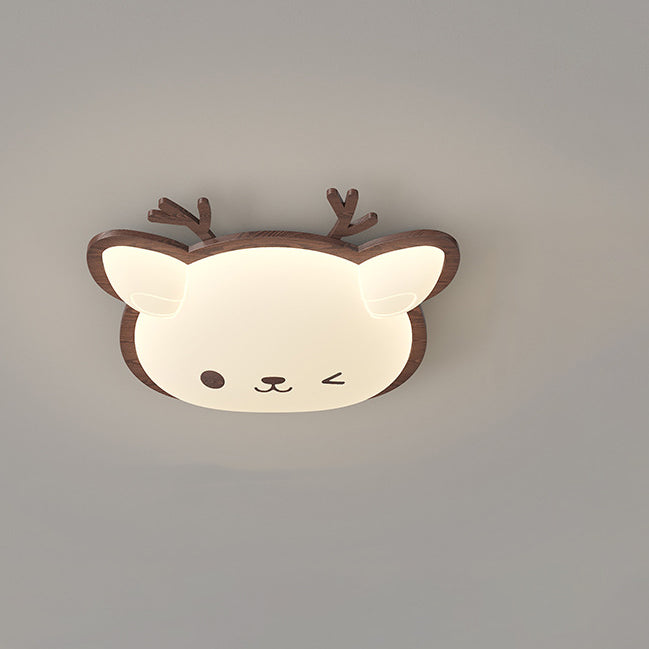 Contemporary Creative Deer Cat Claw Woodgrain LED Flush Mount Ceiling Light For Bedroom