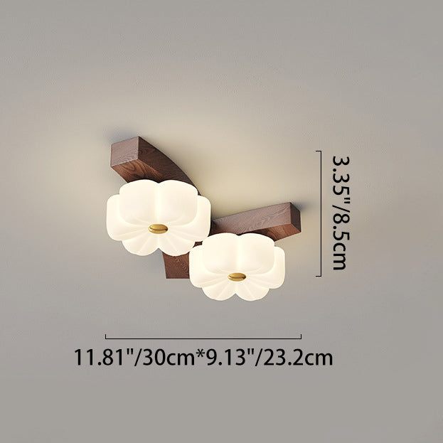 Traditional French Rubberwood Frame Flower PE LED Flush Mount Ceiling Light For Living Room