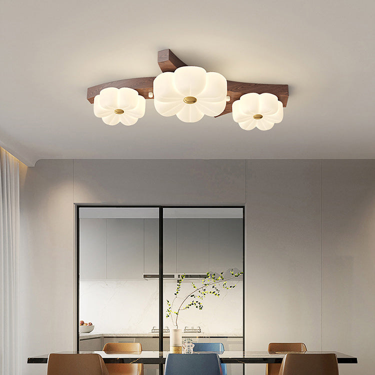 Traditional French Rubberwood Frame Flower PE LED Flush Mount Ceiling Light For Living Room