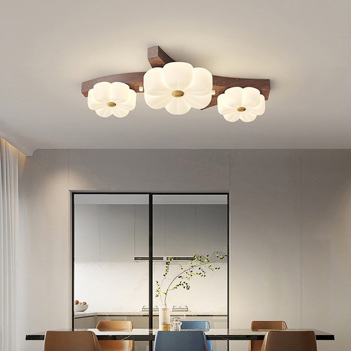 Traditional French Rubberwood Frame Flower PE LED Flush Mount Ceiling Light For Living Room