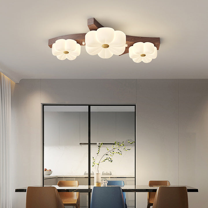 Traditional French Rubberwood Frame Flower PE LED Flush Mount Ceiling Light For Living Room