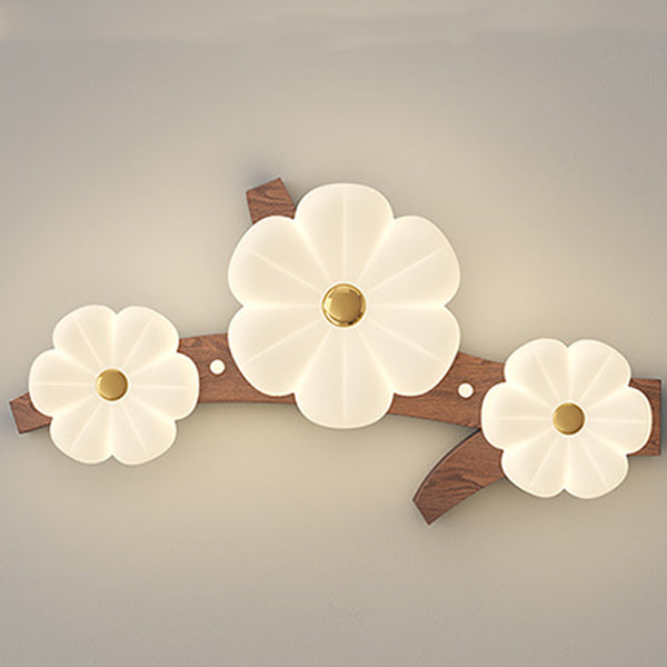 Traditional French Rubberwood Frame Flower PE LED Flush Mount Ceiling Light For Living Room