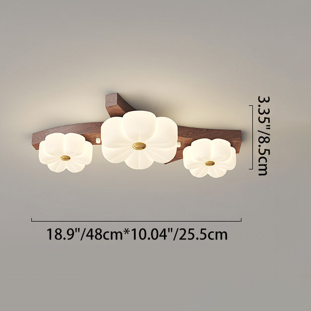 Traditional French Rubberwood Frame Flower PE LED Flush Mount Ceiling Light For Living Room