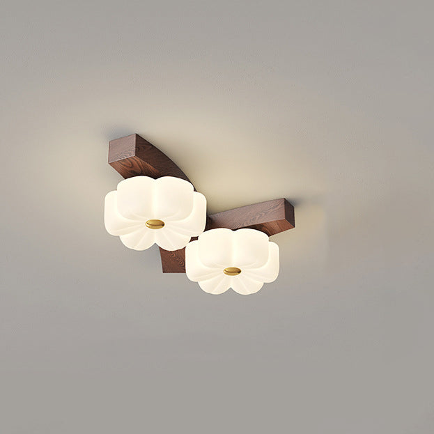Traditional French Rubberwood Frame Flower PE LED Flush Mount Ceiling Light For Living Room