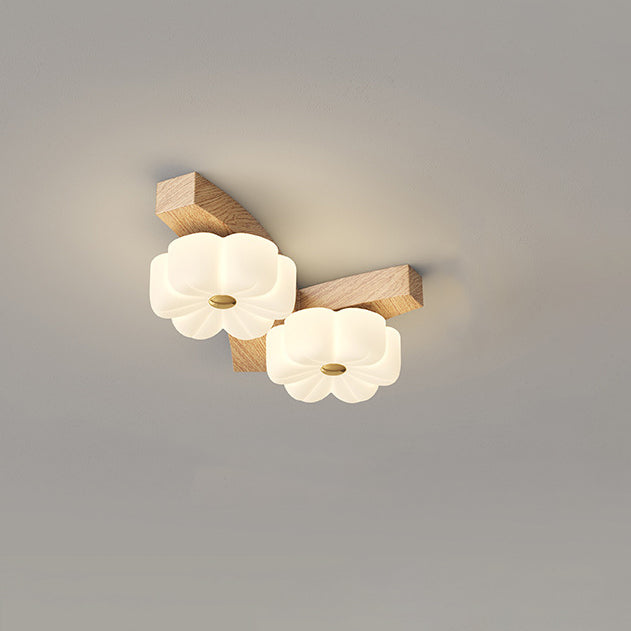 Traditional French Rubberwood Frame Flower PE LED Flush Mount Ceiling Light For Living Room