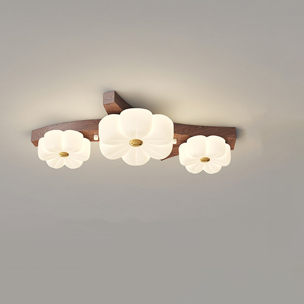 Traditional French Rubberwood Frame Flower PE LED Flush Mount Ceiling Light For Living Room