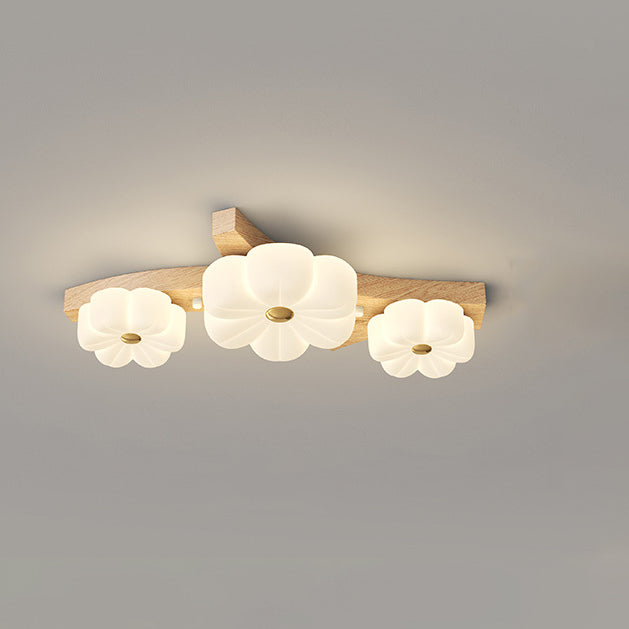 Traditional French Rubberwood Frame Flower PE LED Flush Mount Ceiling Light For Living Room
